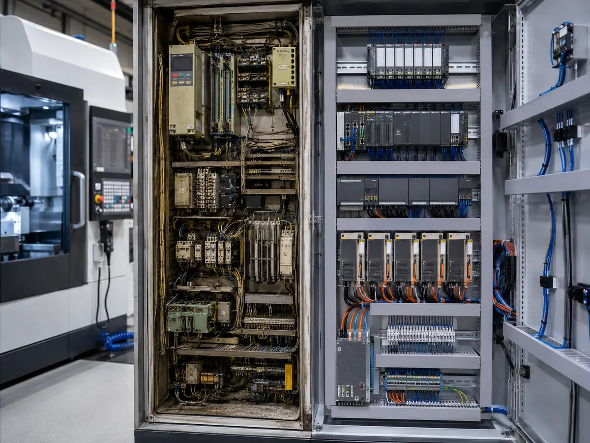 Comparaison d'une ancienne armoire électrique et d'une armoire modernisée lors du rétrofit d'une fraiseuse Huron