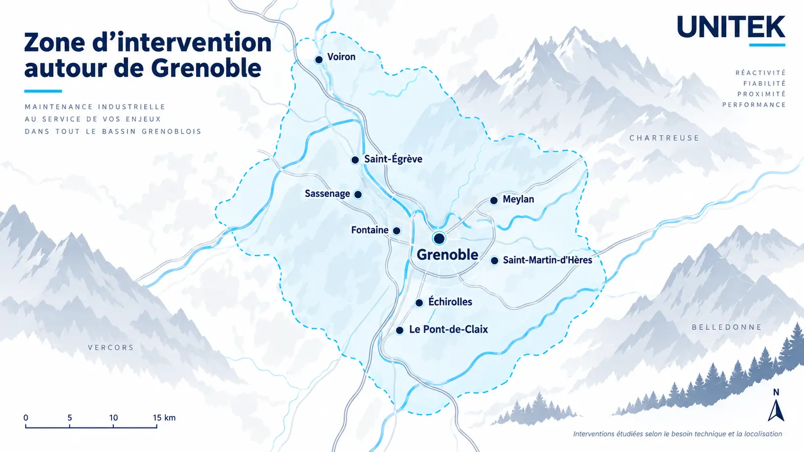 Carte de la zone d’intervention pour la réparation de machines-outils autour de Grenoble