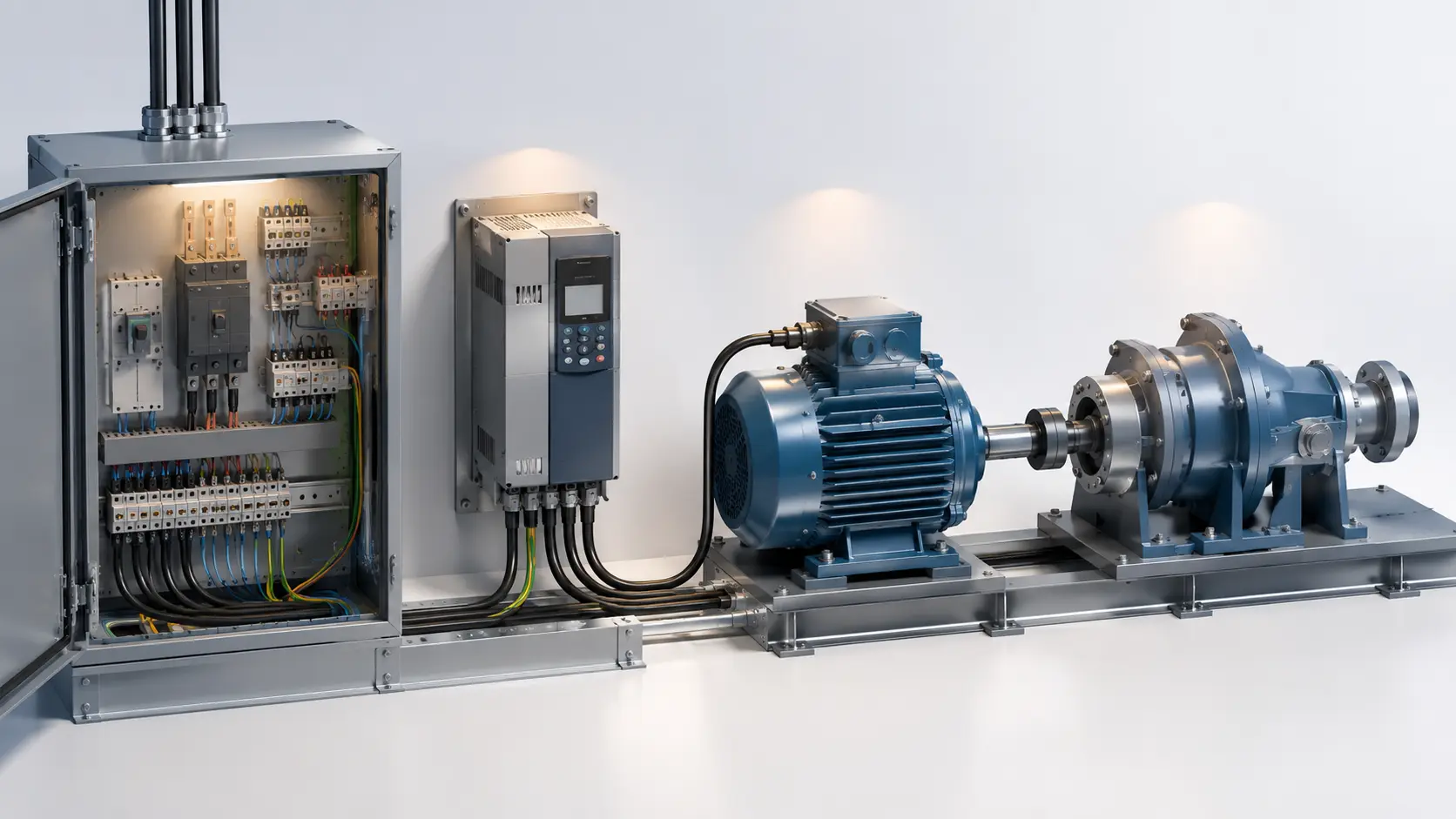 Chaîne d’entraînement entre variateur, câble, moteur et mécanique