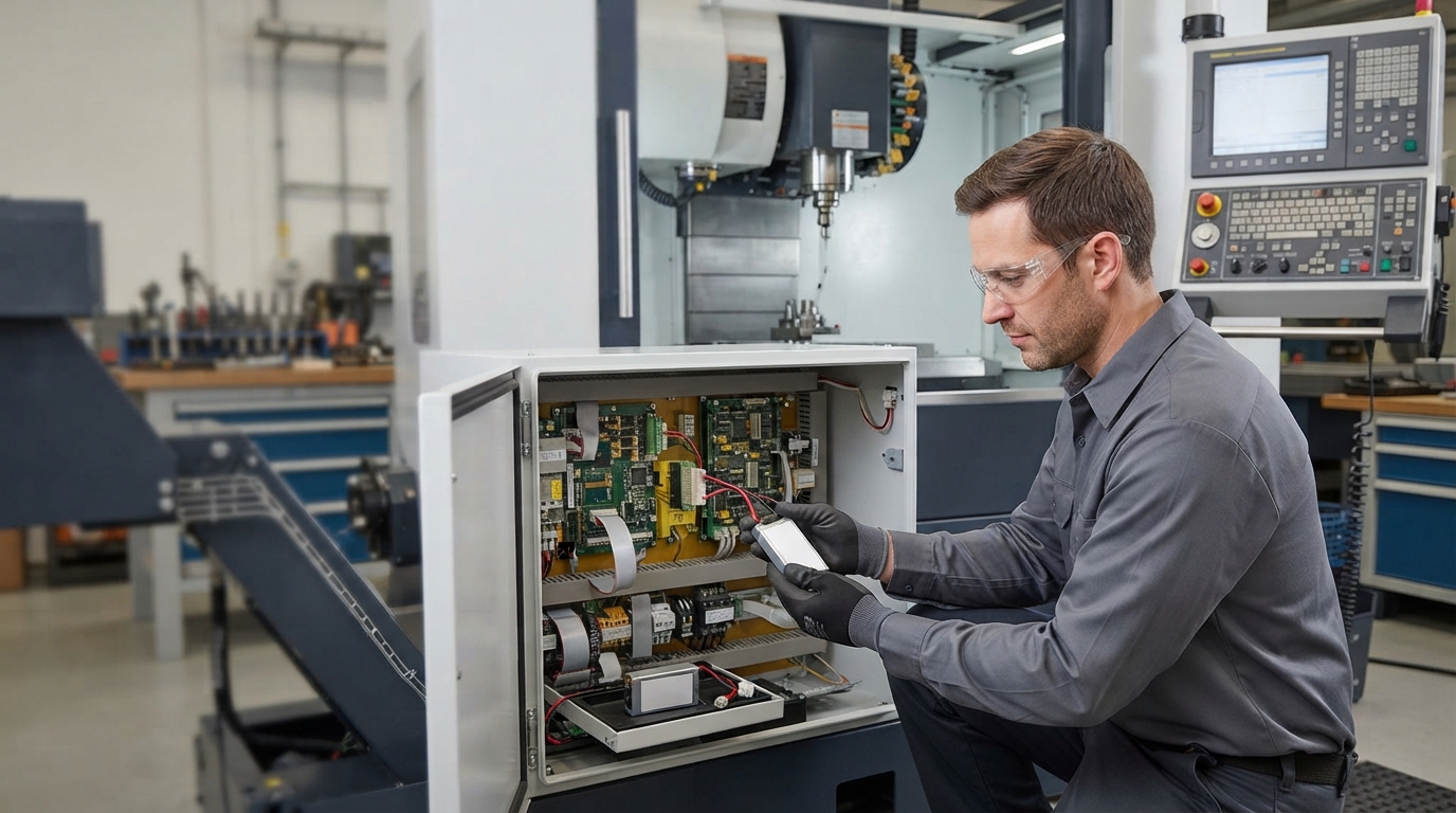 Batterie de sauvegarde CNC remplacée par un technicien sur une commande numérique