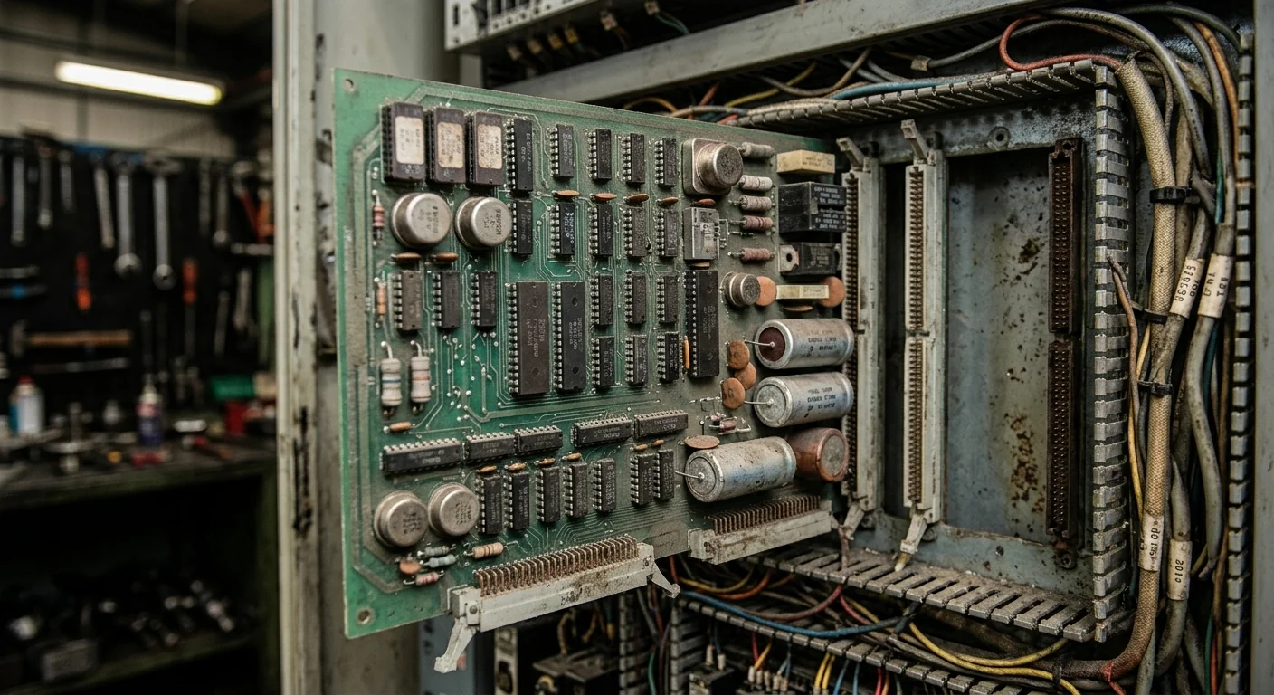 Carte électronique ancienne de machine-outil CNC avec composants vieillissants