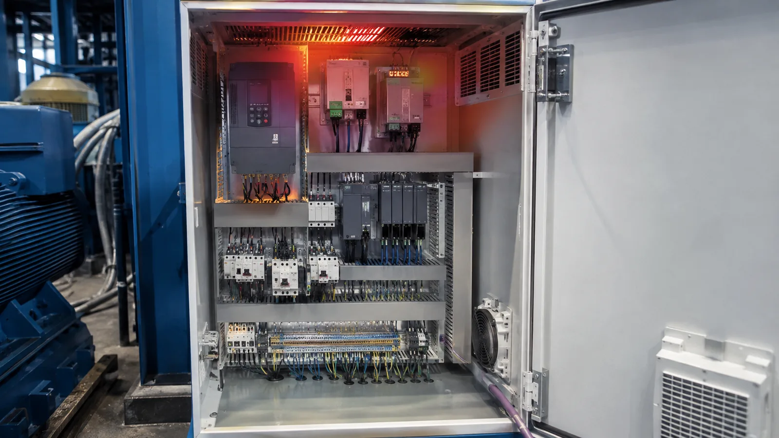Armoire électrique qui chauffe anormalement dans un atelier industriel