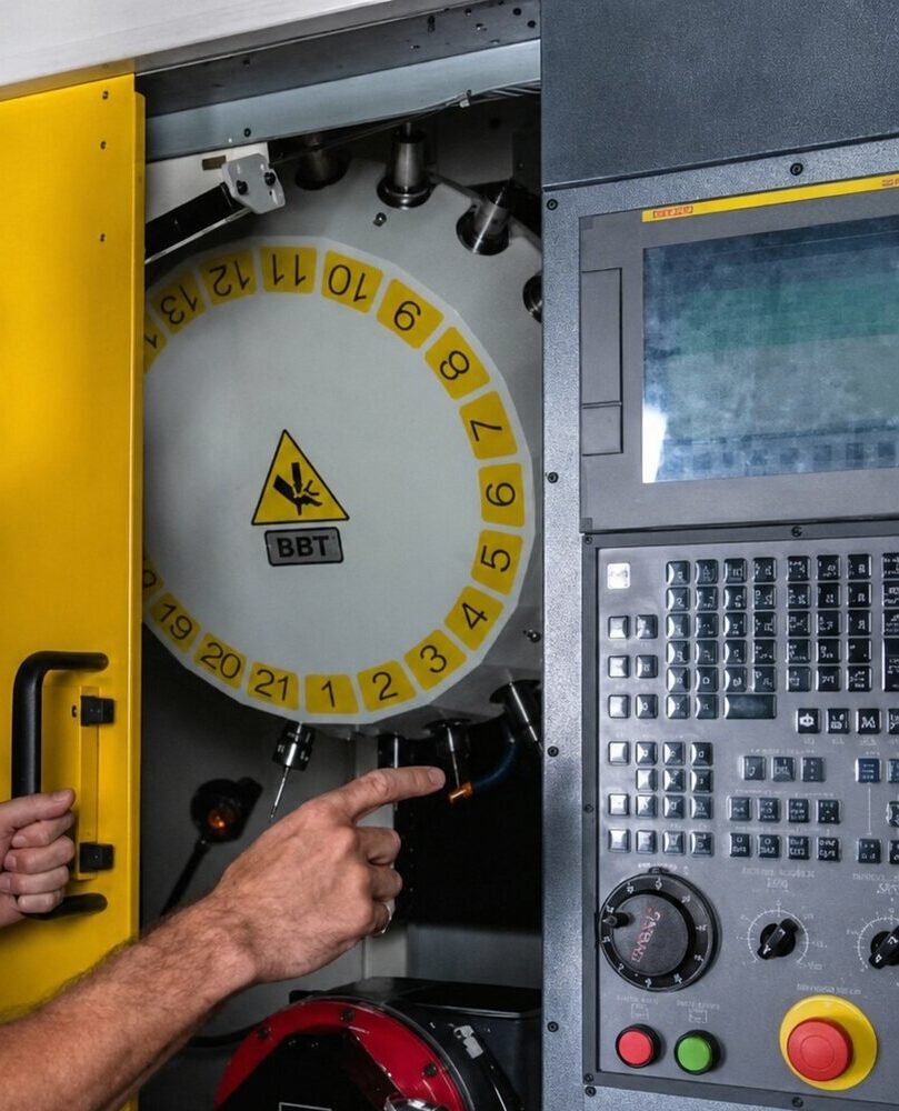 Technicien effectuant un diagnostic sur une machine-outil Fanuc, visage anonymisé