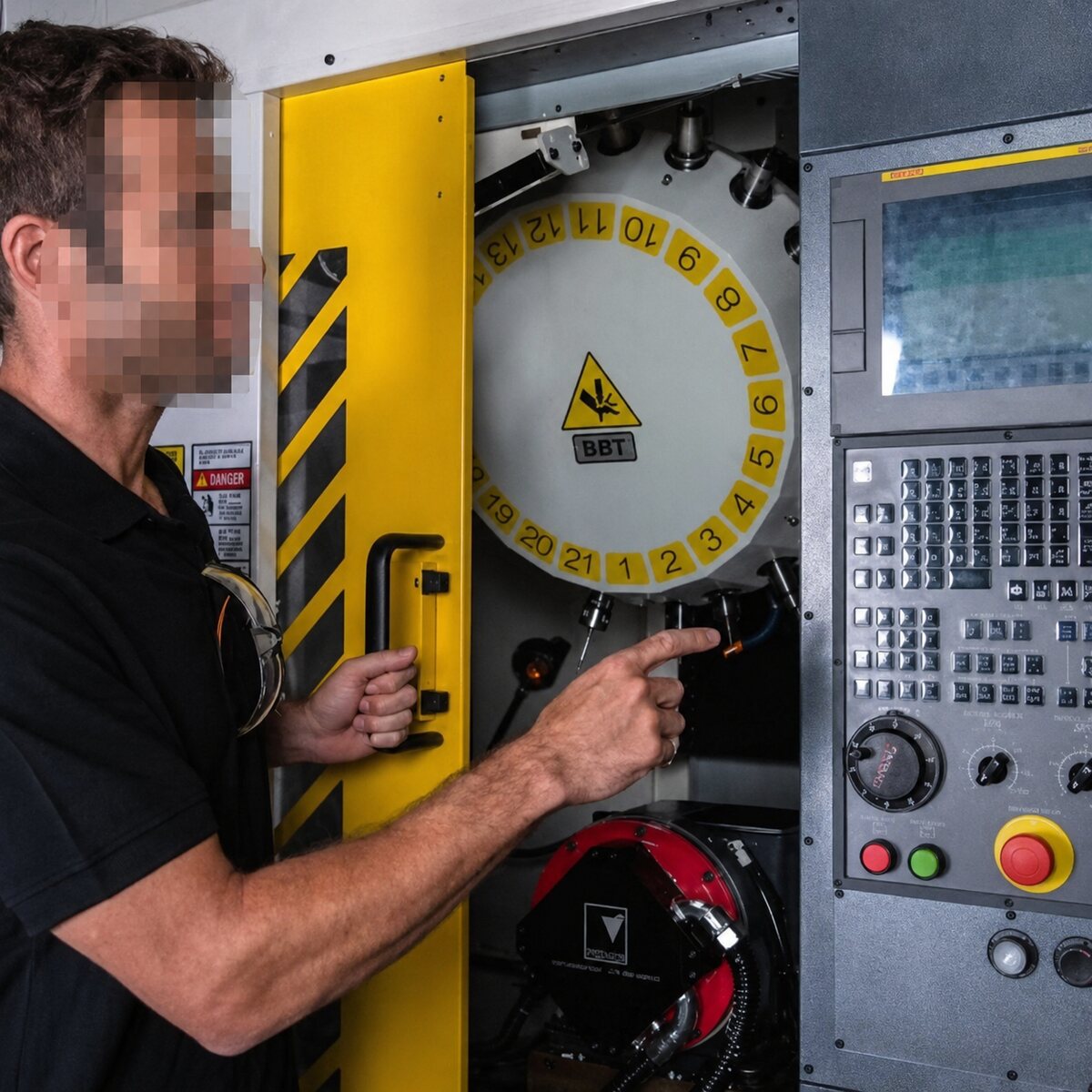 Technicien effectuant un diagnostic sur une machine-outil Fanuc, visage anonymisé
