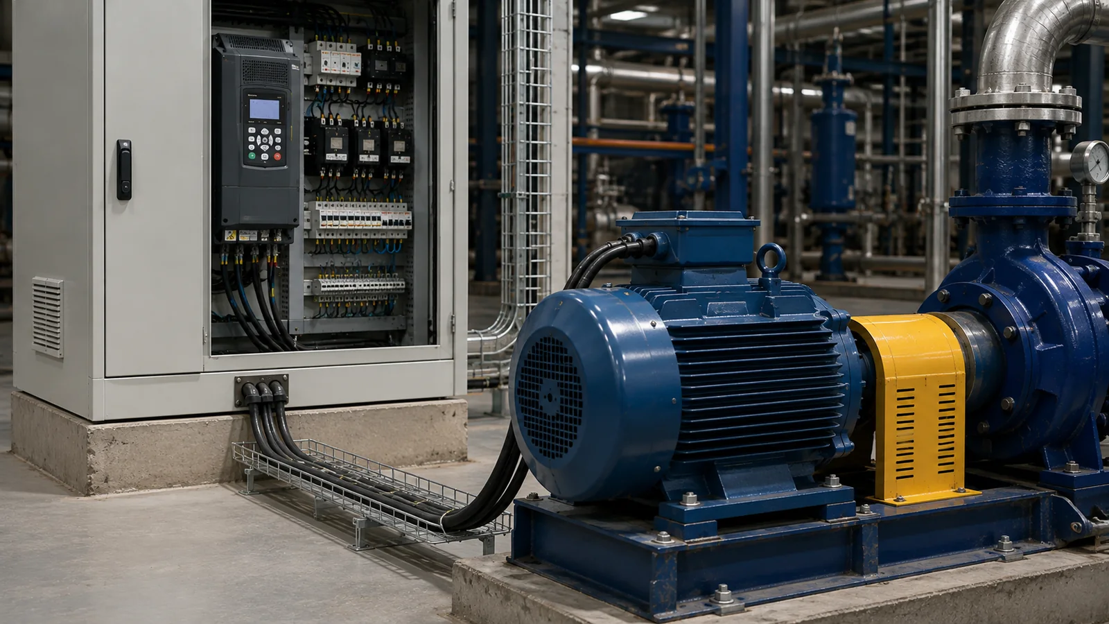 Chaîne d'entraînement avec variateur de vitesse, câble, moteur et pompe industrielle