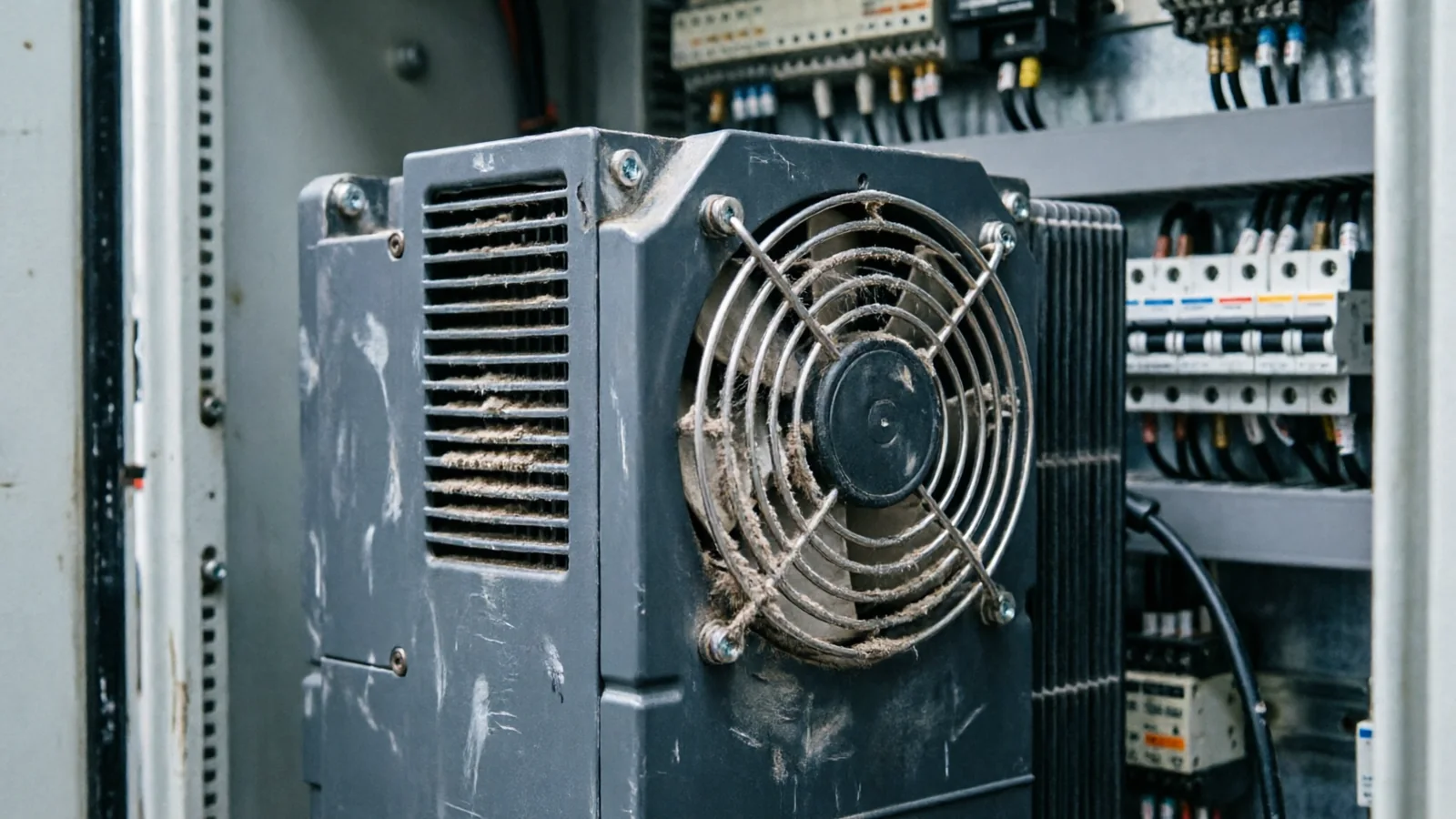 Ventilateur et refroidissement encrassés d'un variateur de vitesse industriel