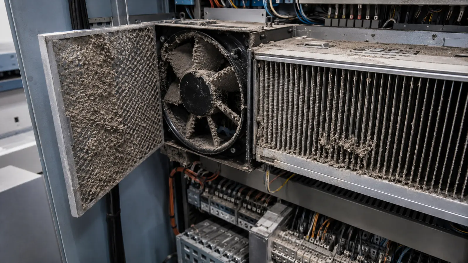 Filtre et ventilation colmatés dans une armoire électrique