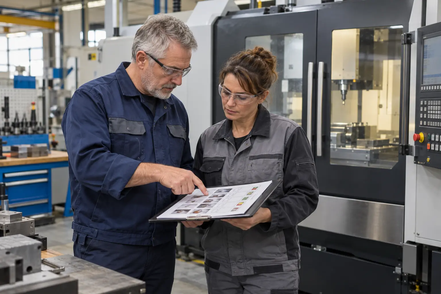Technicien et opératrice examinant une fiche de maintenance autonome devant une machine-outil