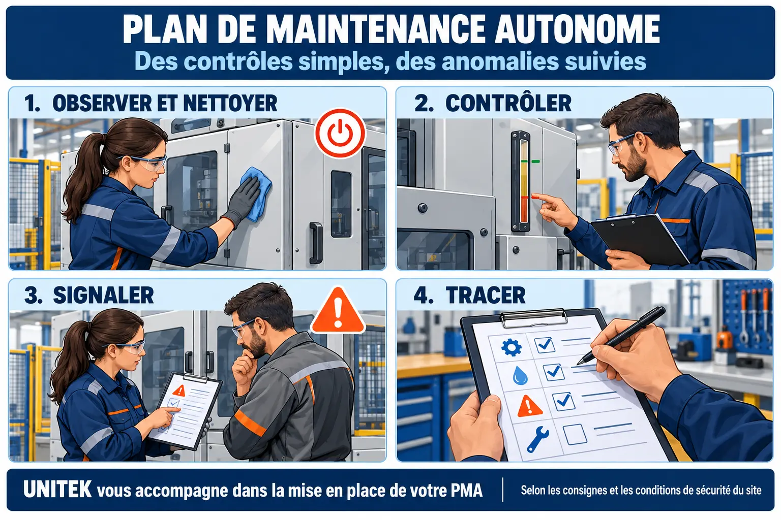 Plan de maintenance autonome : observer et nettoyer, contrôler, signaler et tracer les anomalies